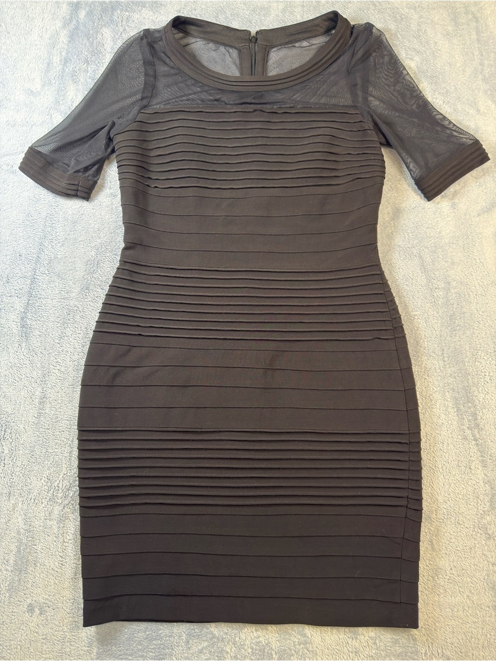 Adrianna Papell Black Pleated Sheath Dress with Mesh Yoke #3090